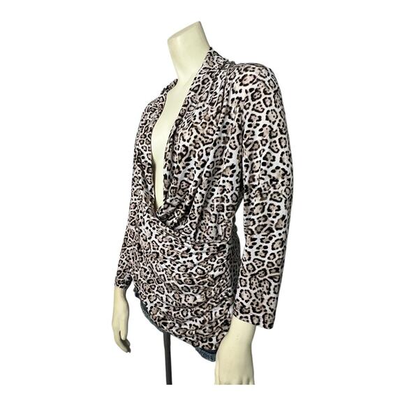 Leopard Draped Plunge Blouse Shirt Low Cut V-neck Top L Large Cheetah Cocktail - Picture 5 of 7
